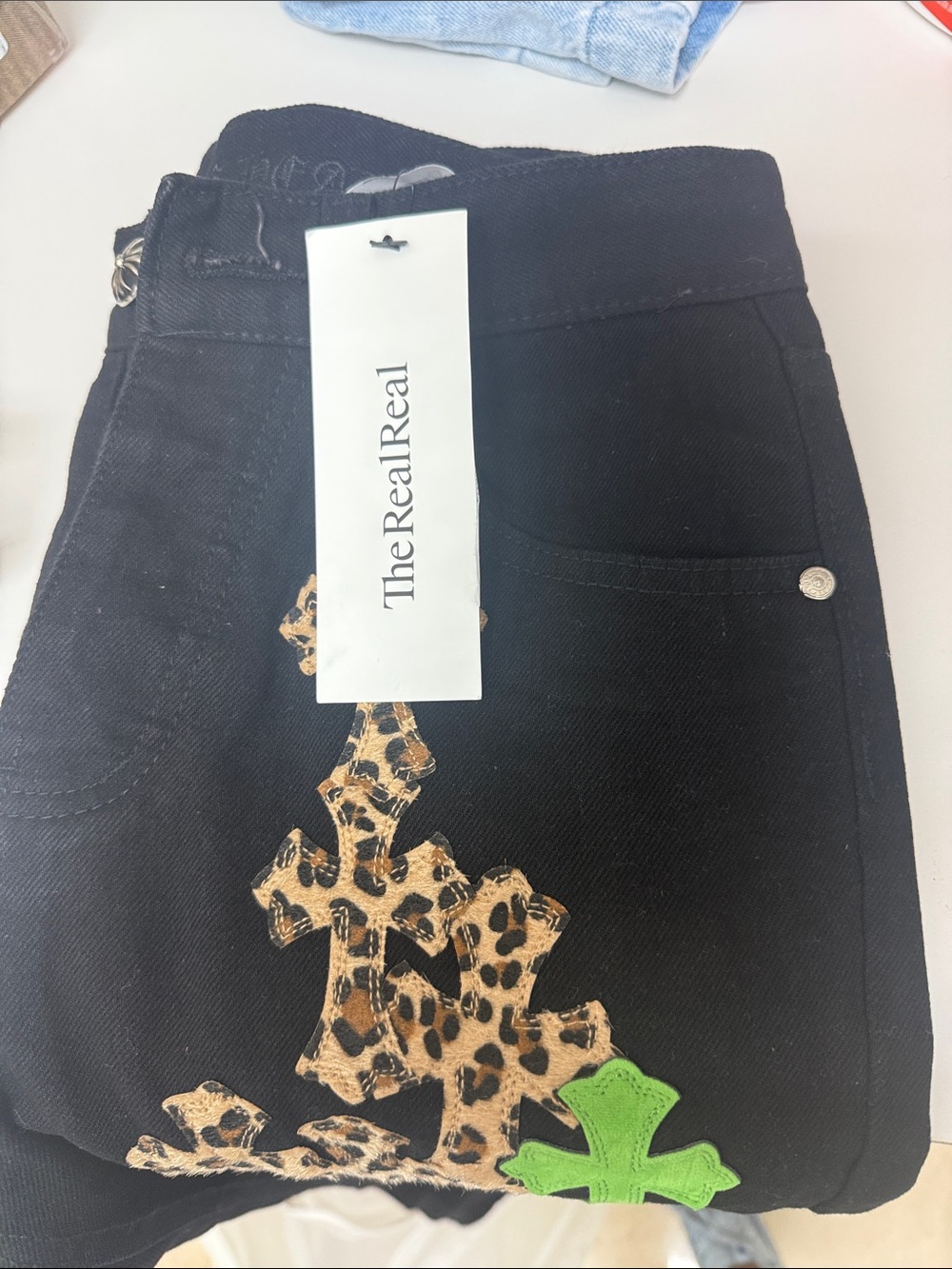 Chrome Hearts INSPIREDLeopard Green Cross Leather Patch Jeans Rockstar Streetwea